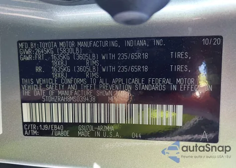 2021 Toyota Highlander Xle из США, поврежденный, VIN 5TDHZRAH8MS039438